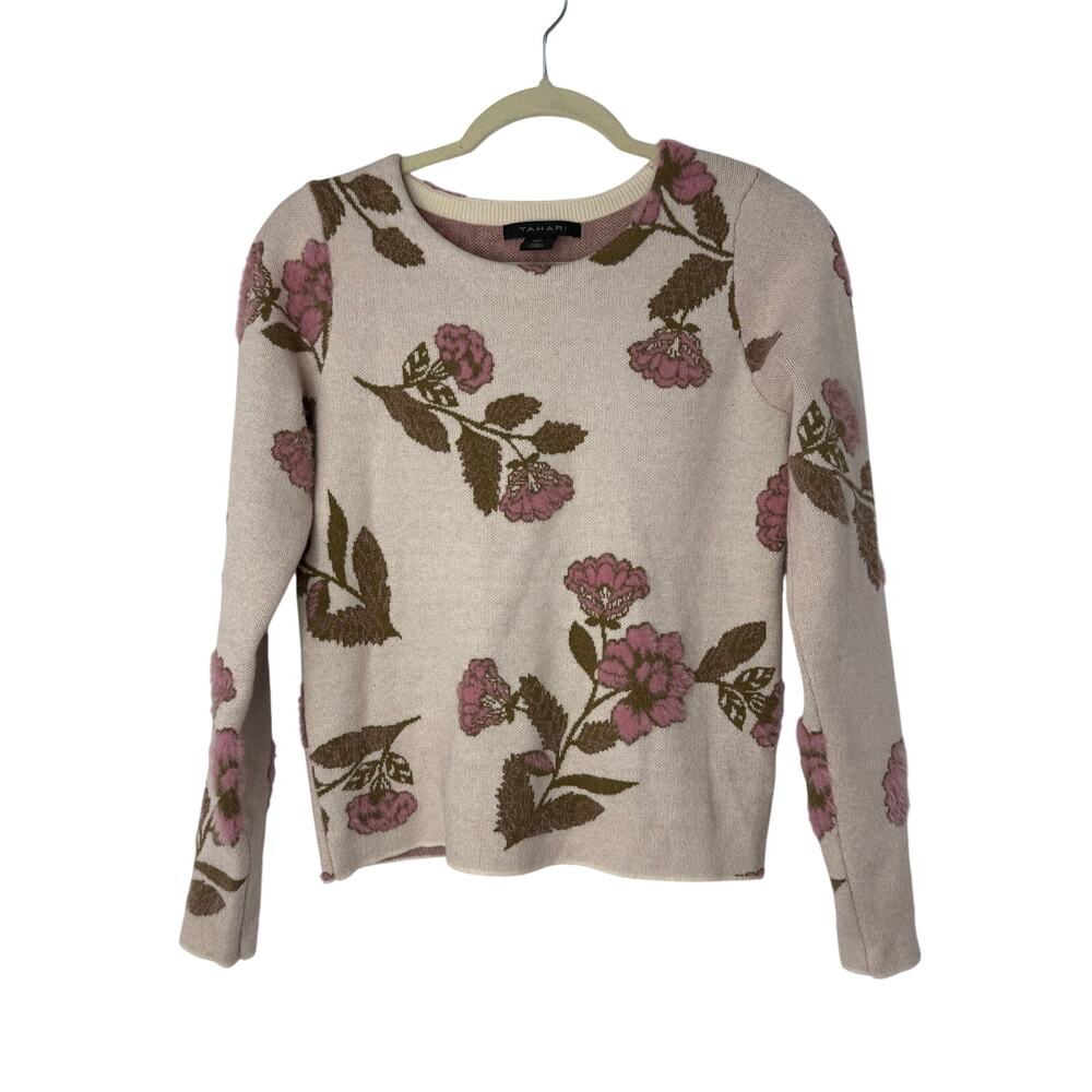 Tahari Floral Knit Sweater Pink Long Sleeve Spring Easter Women’s Small